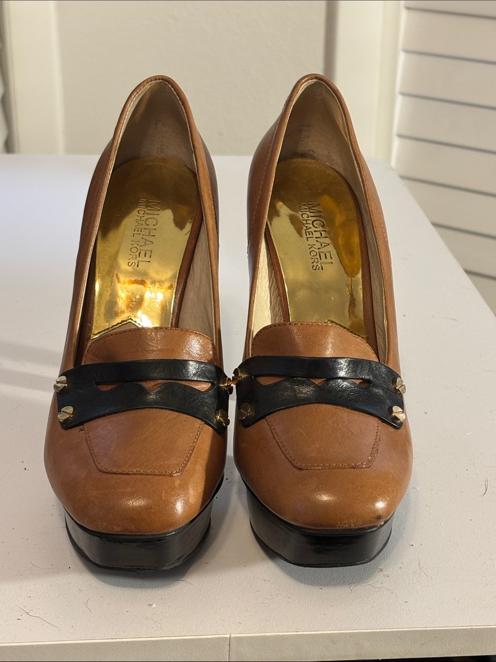 MICHAEL Michael Kors Tan Leather Heels with Black Braided Strap